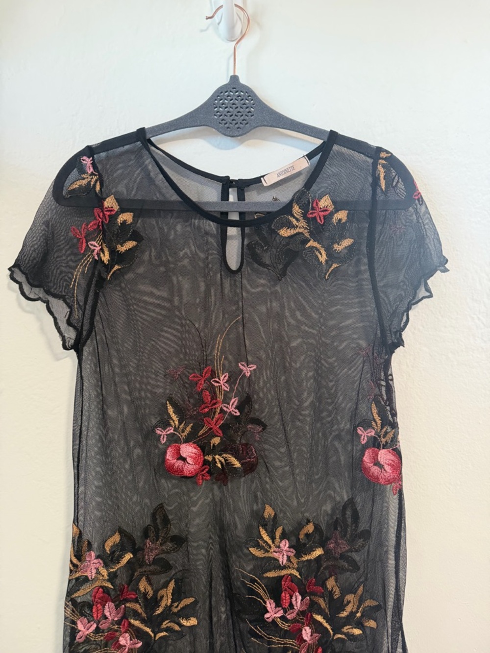 Antoinette Black Sheer Floral Embroidered Dress Mesh Overlay Boho Romantic M - Picture 2 of 10